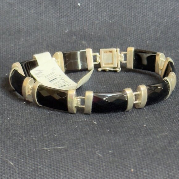 Elegant Vintage .925 Sterling Silver Faceted Onyx Womens Bracelet Secure Clasp - Picture 2 of 12